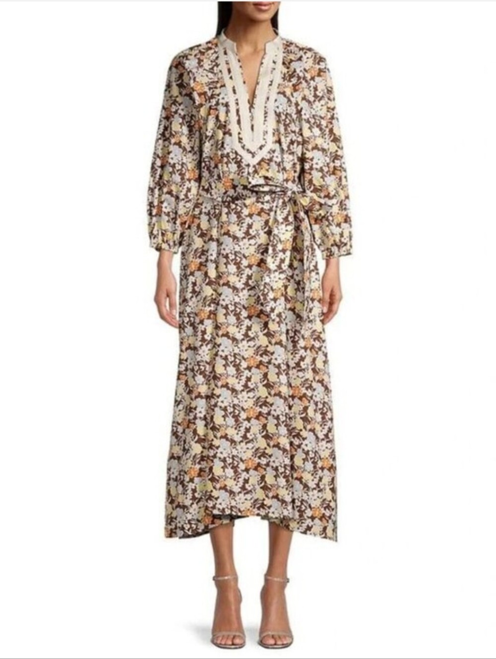 Tory Burch Brown Floral Puff-Sleeve Midi Dress with Orange and Yellow Accents
